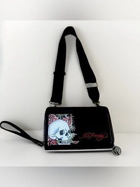 Ed Hardy Black Crossbody Wallet Purse Skull & Red Rose Artwork